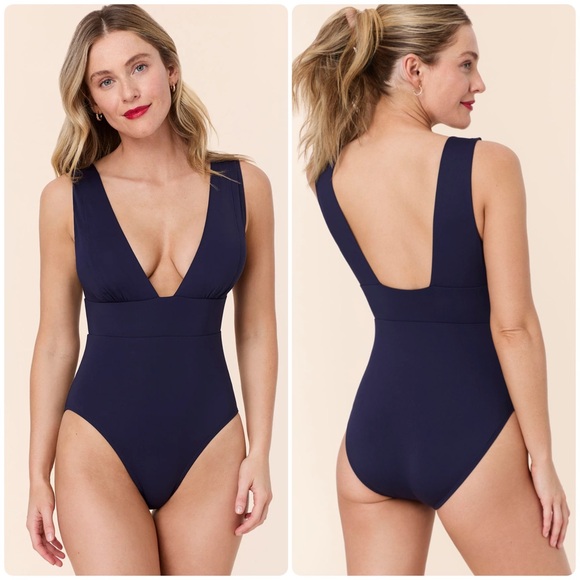 PLUNGE V NECK ONE PIECE WITH FRILL AND TRIM THE POTTERY PARLOUR